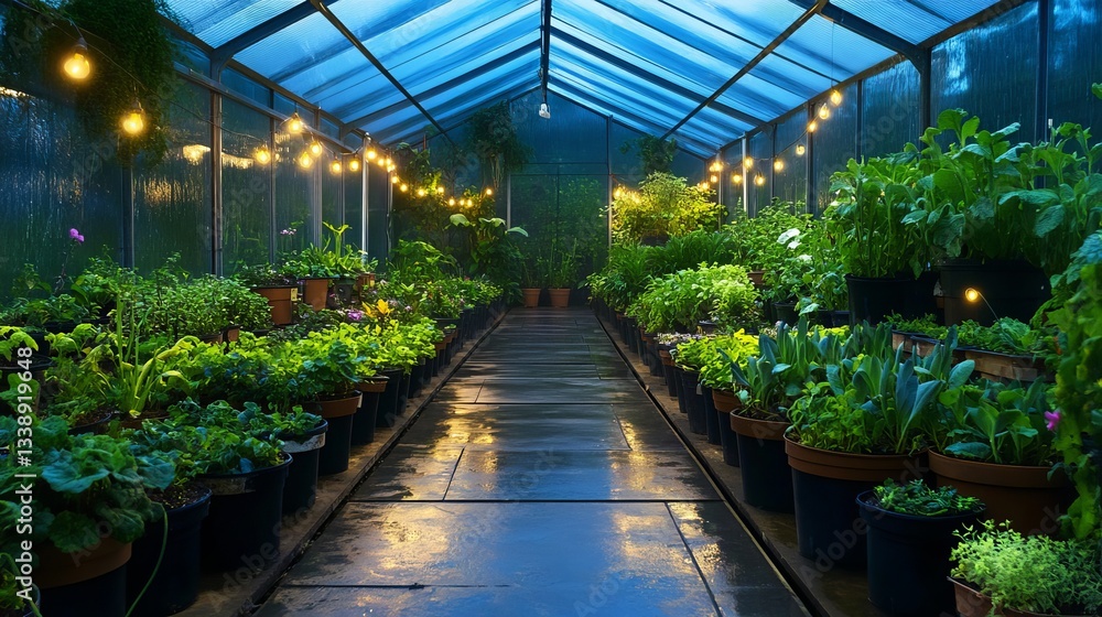 Lush greenery fills a serene greenhouse, illuminated by twinkling lights, creating a tranquil ambiance at twilight. Lush greenery fills a serene greenhouse, illuminated by twinkling lights, creating a tranquil ambiance at twilight.