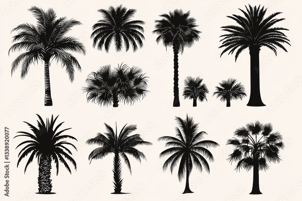 Fototapeta premium A series of palm tree icons in a single color, perfect for cutting, tattoo designs, or as modern palm art