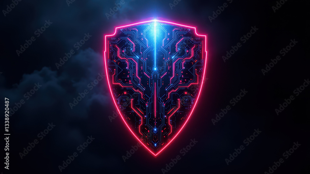 Fototapeta premium A futuristic shield emblem with neon pink accents on a dark background, symbolizing cybersecurity protection.