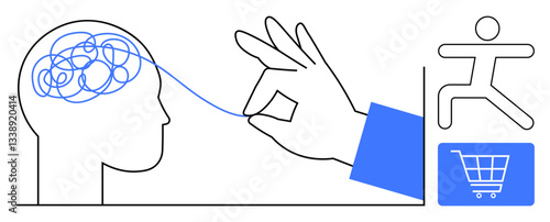 Hand untangling a brains messy threads, human figure in motion, and a shopping cart. Ideal for problem-solving, clarity, decision-making, focus, productivity innovation e-commerce. Flat simple