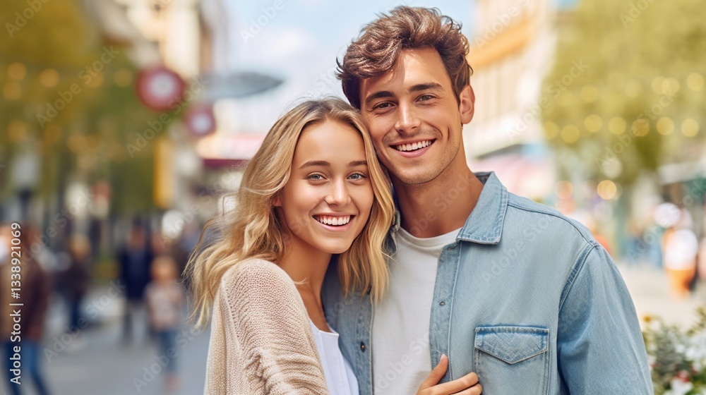 Happy young European couple looking at the camera in the city. Portrait of smiling couple standing in the street, lifestyle. Cheerful Caucasian couple hugging each other. AI Generated. Happy young European couple looking at the camera in the city. Portrait of smiling couple standing in the street, lifestyle. Cheerful Caucasian couple hugging each other. AI Generated.