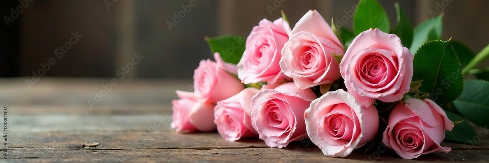 Fototapeta premium Beautiful bouquet of pink and white roses on a rustic wooden table, wooden table, beautiful