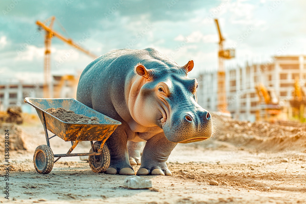 Fototapeta premium Hippo with Wheelbarrow at Construction Site..