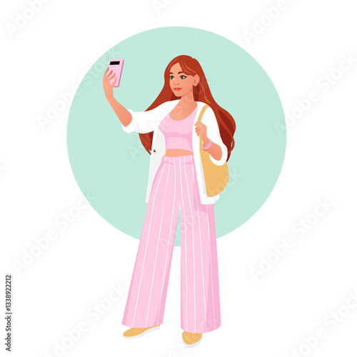 Stylish Young Woman Taking Selfie with Smartphone Wearing Trendy Pink Outfit and Shoulder Bag in Modern Fashion Illustration