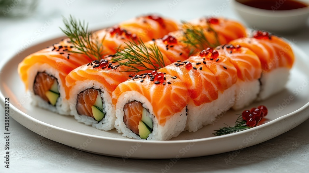 Fresh Salmon Sushi Rolls on Plate, with Dipping Sauce, garnished with herbs and sesame seeds Fresh Salmon Sushi Rolls on Plate, with Dipping Sauce, garnished with herbs and sesame seeds