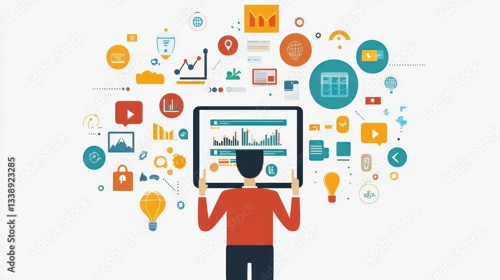 Businessman interacts with digital dashboard, surrounded by icons Businessman interacts with digital dashboard, surrounded by icons
