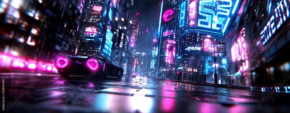 Fototapeta premium Futuristic Cityscape at Night with Neon Lights and a Sleek Car in Rainy Conditions