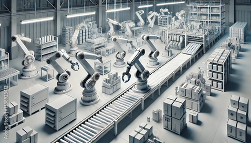 Origami robotic arms working on a conveyor belt in a modern warehouse, with shelves, packages, and automated machinery in a clean, futuristic environment