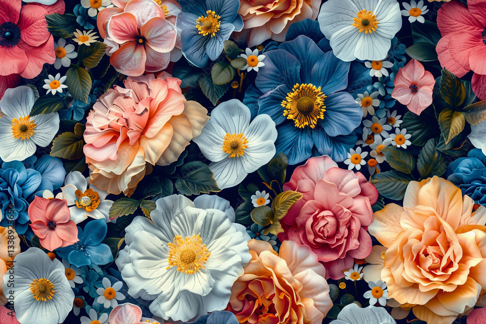 Vibrant floral seamless pattern showcasing a variety of flowers in full bloom Vibrant floral seamless pattern showcasing a variety of flowers in full bloom