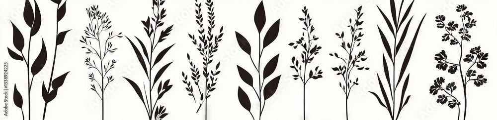 Naklejka premium A group of reed shoots, reeds, and coastal flora. Ferns next to decomposing stumps. A swamp landscape featuring a riverbank. Rendered in silhouette. Isolated on a white background. Modern aesthetic