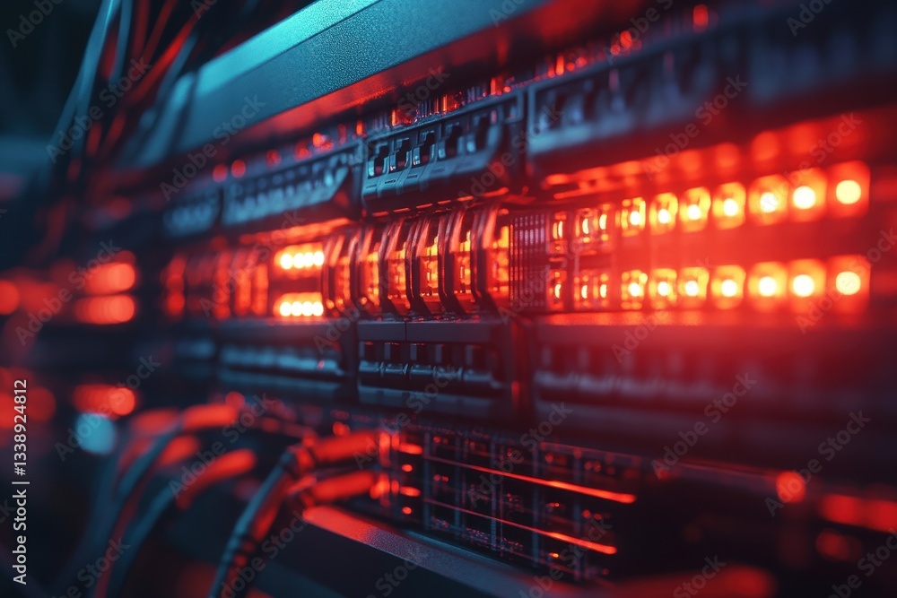 Network switch with vibrant indicator lights powered on in a modern tech workspace during late afternoon hours Network switch with vibrant indicator lights powered on in a modern tech workspace during late afternoon hours
