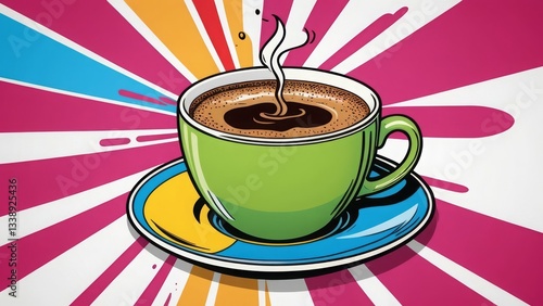 Green coffee cup with steam and vibrant pop art splash background