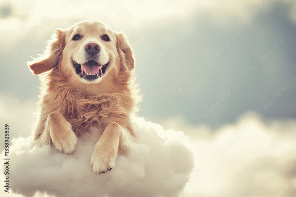 Obraz premium A happy Golden Retriever sitting on a cloud against a soft, dreamy sky, showcasing joy and companionship, with a gentle, whimsical feel, creating a heartwarming atmosphere.