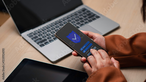 Phone password lock for mobile cyber security or login verification passcode in online bank app. phone with a password to access a smartphone, security threats online, and fraud.