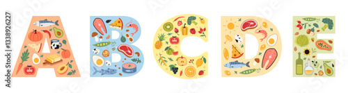 Vitamins A, B, C, D and E with food sources. Fruits, vegetables, nuts, berries, Sea food, fish and meat. Trendy modern vector illustration isolated on white background, hand drawn, flat design