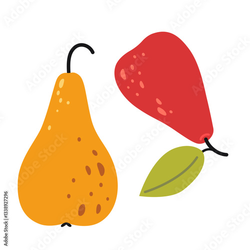 Pears and leaf. Modern vector illustration isolated on white background, hand drawn, flat design