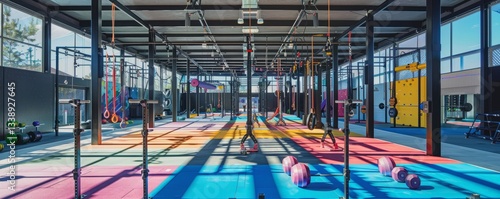 CrossFit Arena with Open Roof. Sunlight illuminates the colorful agility ladders, weightlifting platforms, and rows of kettlebells.