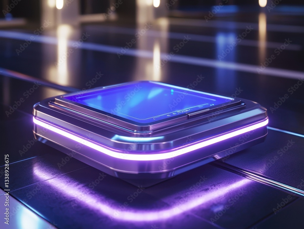 Futuristic Interface: A sleek, glowing device with a vibrant screen, embedded in a modern, high-tech surface reflects cool, blue lights. Futuristic Interface: A sleek, glowing device with a vibrant screen, embedded in a modern, high-tech surface reflects cool, blue lights.