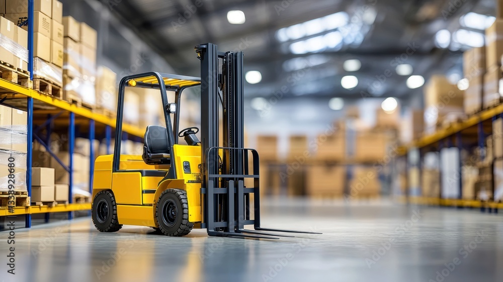 Yellow forklift positioned in a warehouse aisle with stacked boxes on shelves. Yellow forklift positioned in a warehouse aisle with stacked boxes on shelves.