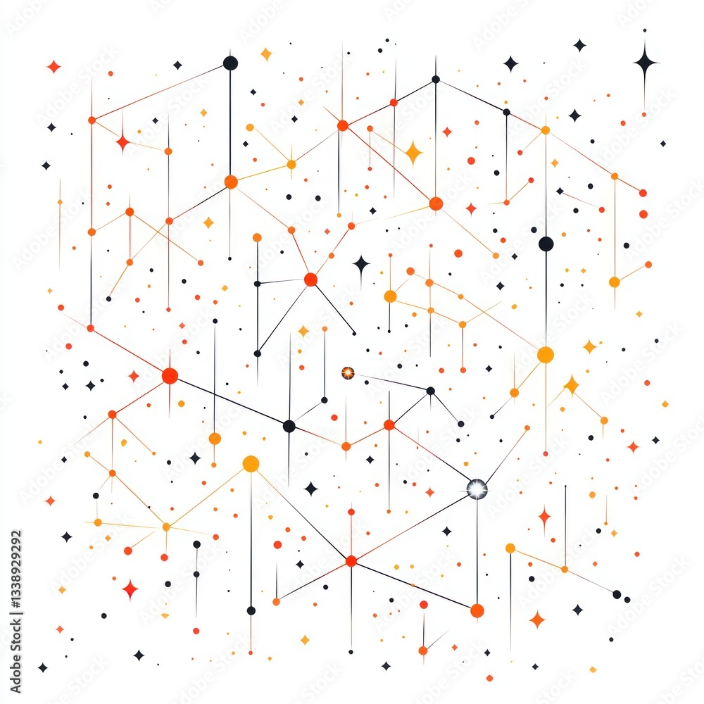 Abstract network diagram with data points, charts and stars Abstract network diagram with data points, charts and stars