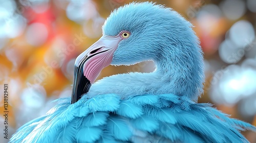 Close-up of a vibrant blue flamingo preening, vibrant bokeh background