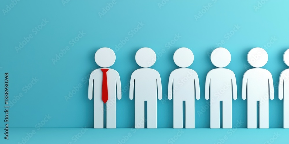 Illustration of a group of paper figures, with one distinguished by a red tie against a blue background. Illustration of a group of paper figures, with one distinguished by a red tie against a blue background.