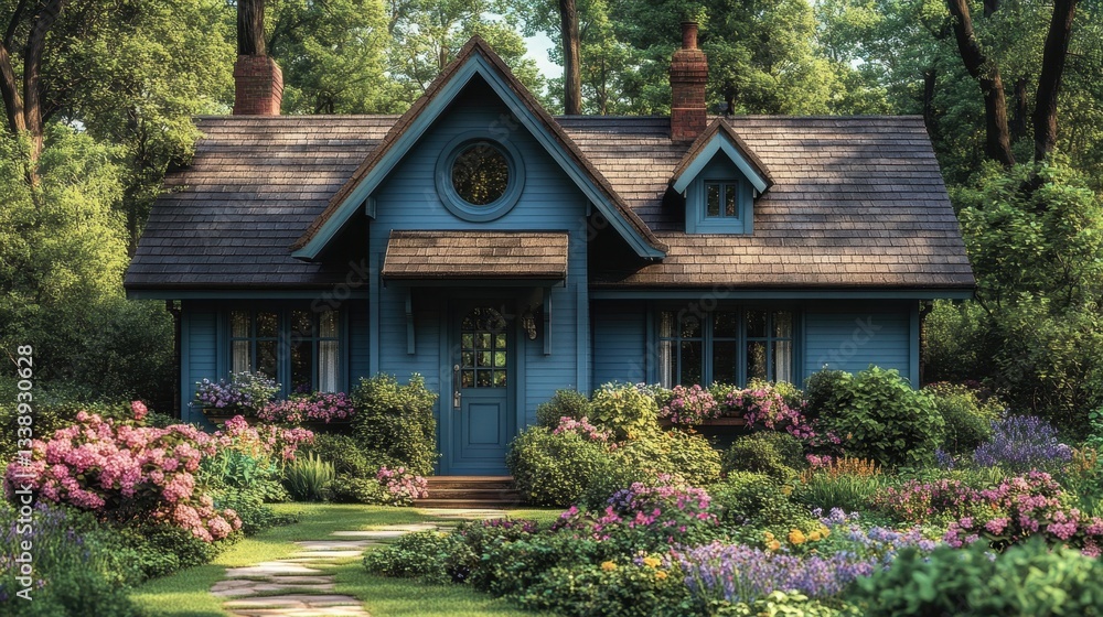 Elevated view of a charming Tudor style house with steep gables and brick exterior. The springtime garden is manicured, and a circular window in the thatched roof overlooks vibrant flowers. Elevated view of a charming Tudor style house with steep gables and brick exterior. The springtime garden is manicured, and a circular window in the thatched roof overlooks vibrant flowers.