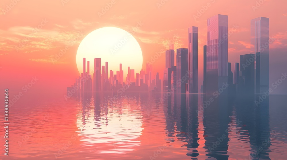 Fototapeta premium 97. A futuristic coastal city with minimalist oceanfront skyscrapers reflecting the sunrise.