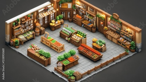 Medieval grocery store interior isometric view