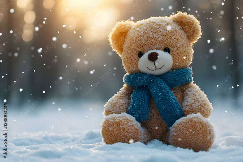 A cuddly teddy bear in a blue scarf sits in snowy woods at sunset A cuddly teddy bear in a blue scarf sits in snowy woods at sunset