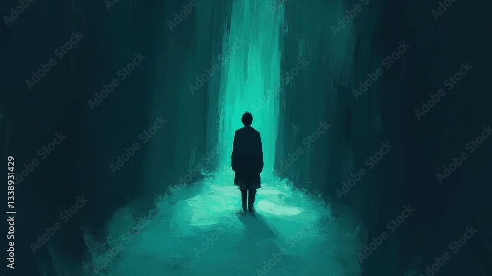 Mysterious Person with Teal Light, Dark Forest, and Fantasy Art. Mysterious Person with Teal Light, Dark Forest, and Fantasy Art.