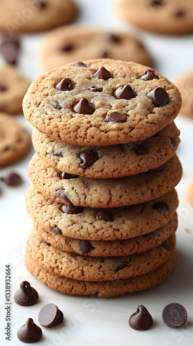 A stack of six freshly baked chocolate chip cookies, with extra chips scattered nearby