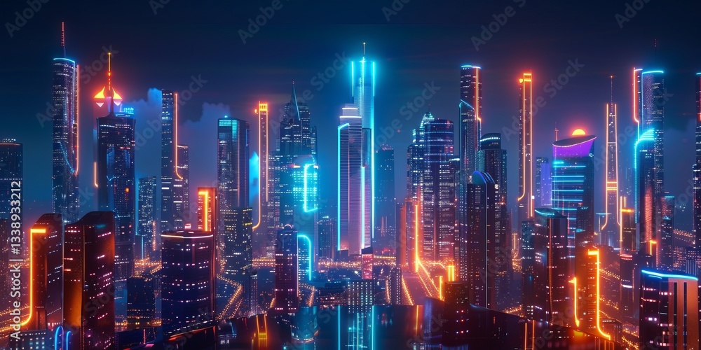 Obraz premium Sci-fi city skyline with olive and indigo neon lights. Night scene with advanced skyscrapers. 3D Render.