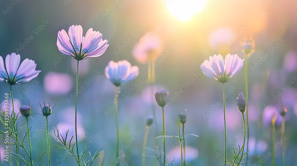 Serene Cosmos Field: Delicate cosmos flowers bathed in the soft glow of sunlight, creating a dreamy and peaceful scene, evoking feelings of tranquility and natural beauty.