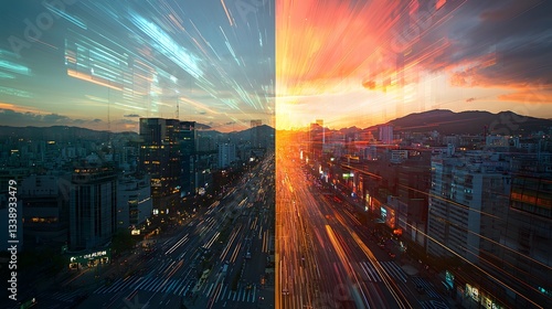 21. A time-lapse image showing urban development from the past to the future