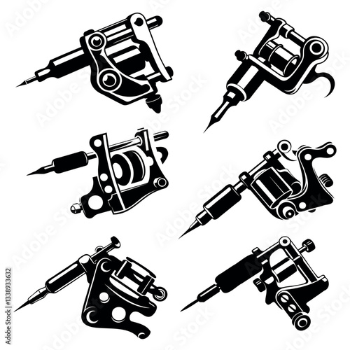 
Set of vector black silhouettes of tattoo machines