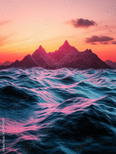 A stunning digital landscape featuring vibrant waves and geometric mountains under a colorful sunset sky.