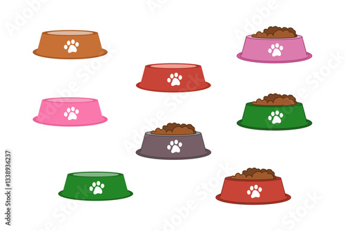 Series of colorful bowls with food for dog or cat - vector