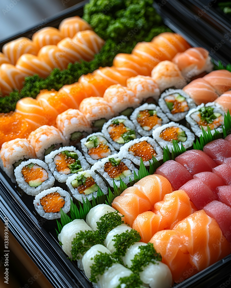 An assortment of sushi in a black tray An assortment of sushi in a black tray