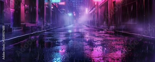 Schilderij op canvas Neon-lit alley with rain-soaked pavement and steam rising, 4K illustration
