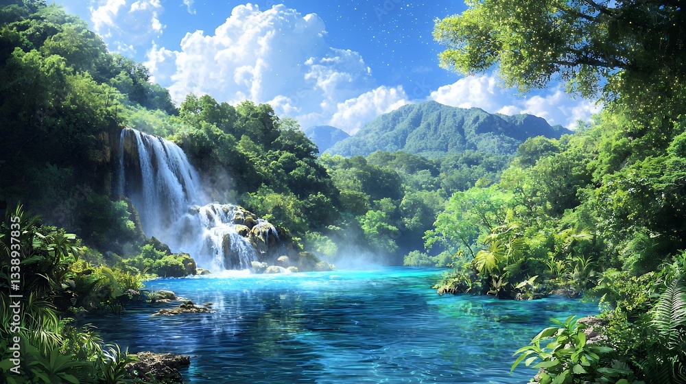 Fototapeta premium Serene Tropical Waterfall Landscape Lush Green Foliage, Blue Pool, and Sunlight