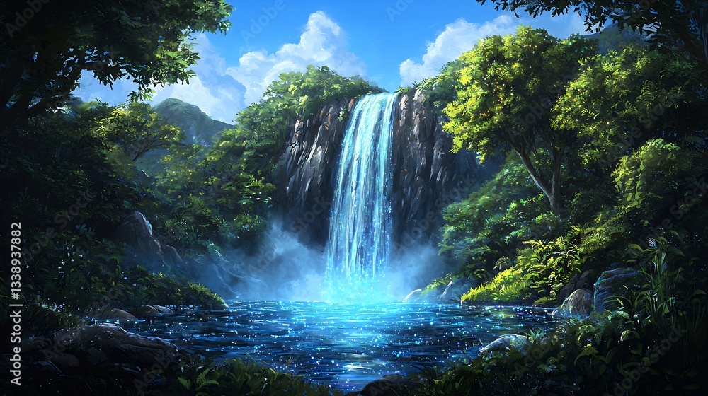 Fototapeta premium Serene Tropical Waterfall in Lush Green Rainforest
