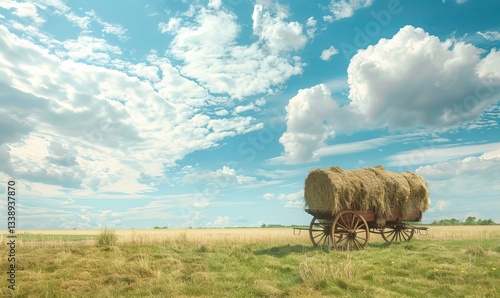 Obraz na plátně Farmer's wagon transporting hay against a backdrop of green fields
