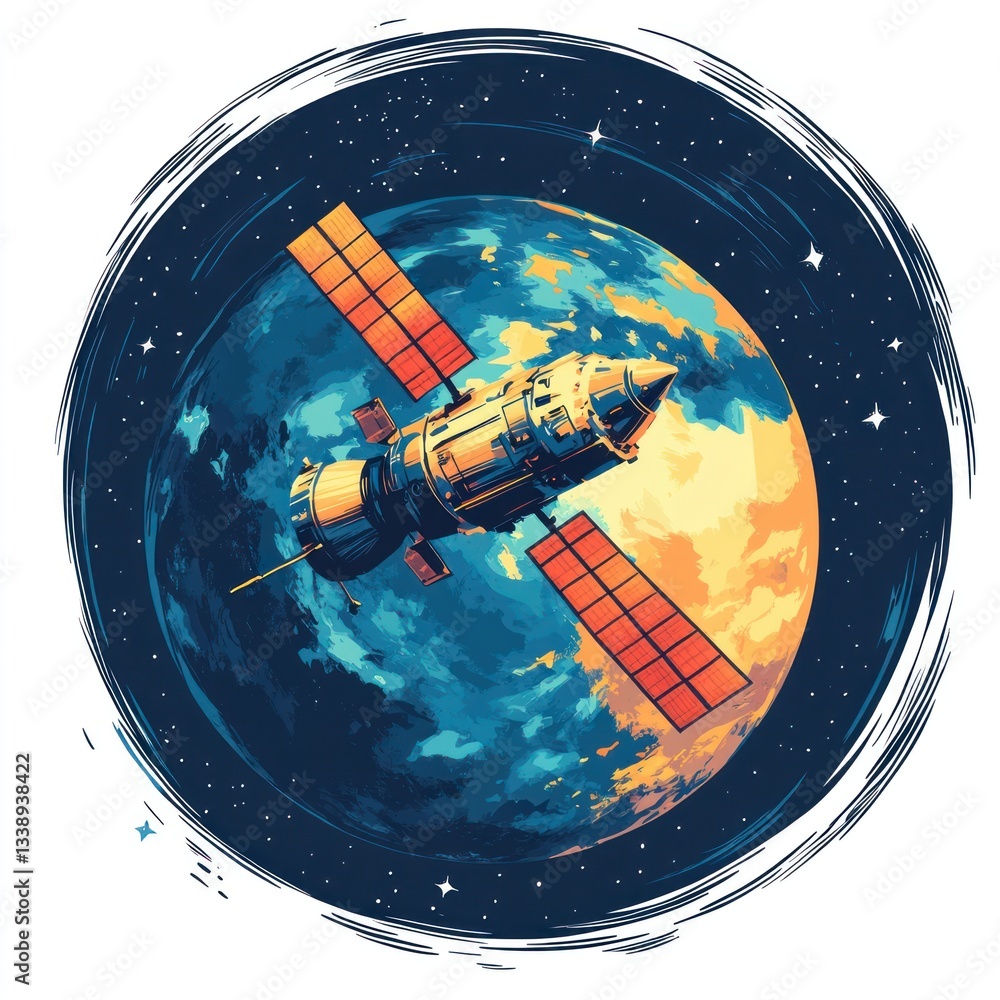 Obraz premium Spacecraft orbiting Earth, night sky, artistic illustration