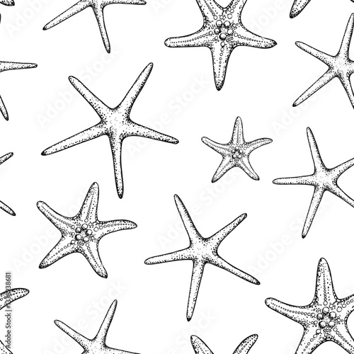Seamless pattern with vector starfish. Hand painted line sketch. Graphic tropical clip art isolated on background. Underwater illustration. For designers, invitations, decoration, postcards, wrapping