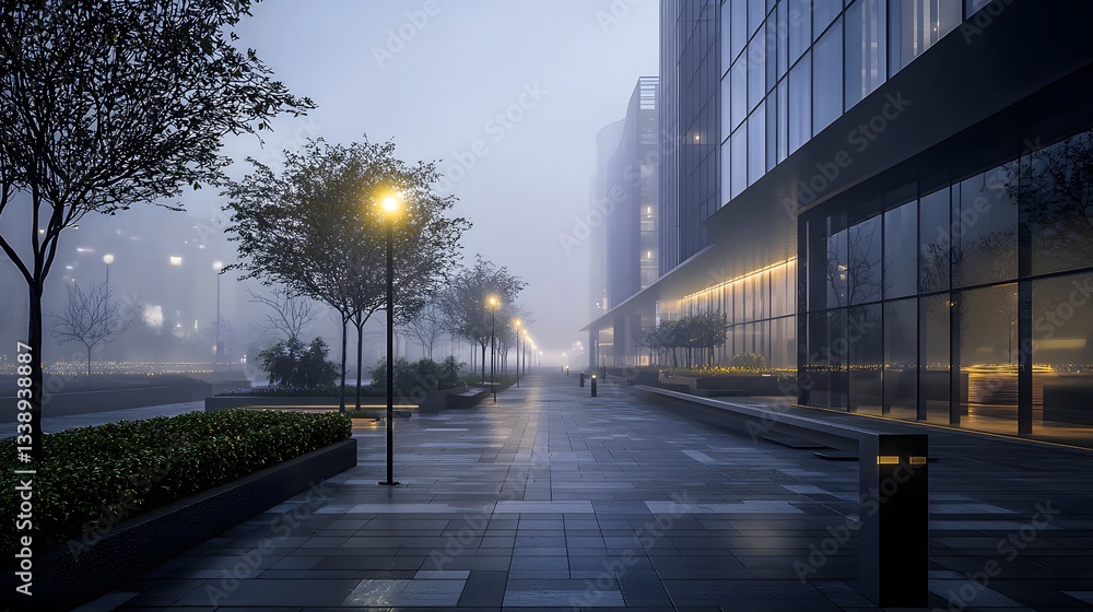 Fototapeta premium 66. A quiet, foggy urban street with soft lighting and a minimal futuristic skyline.
