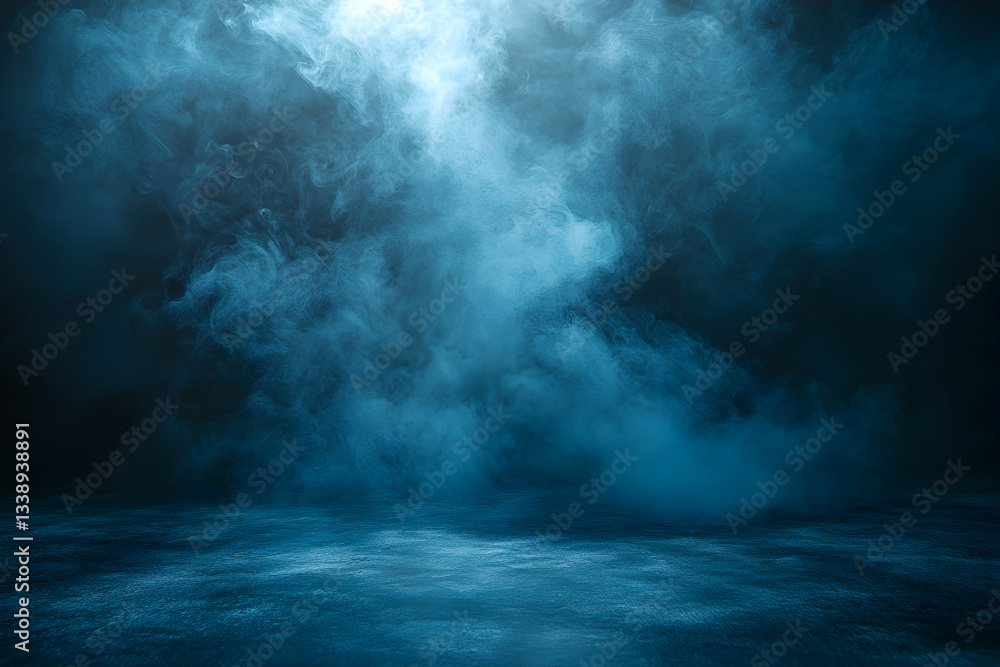 Blue smoky dark background, illuminated floor Blue smoky dark background, illuminated floor
