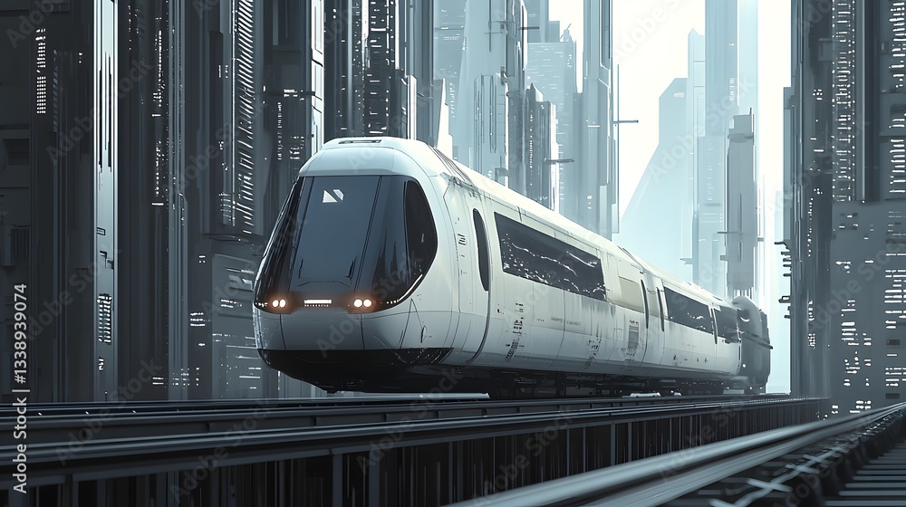 Naklejka premium 69. A sleek, futuristic train gliding through a minimal cityscape with neutral-toned architecture.