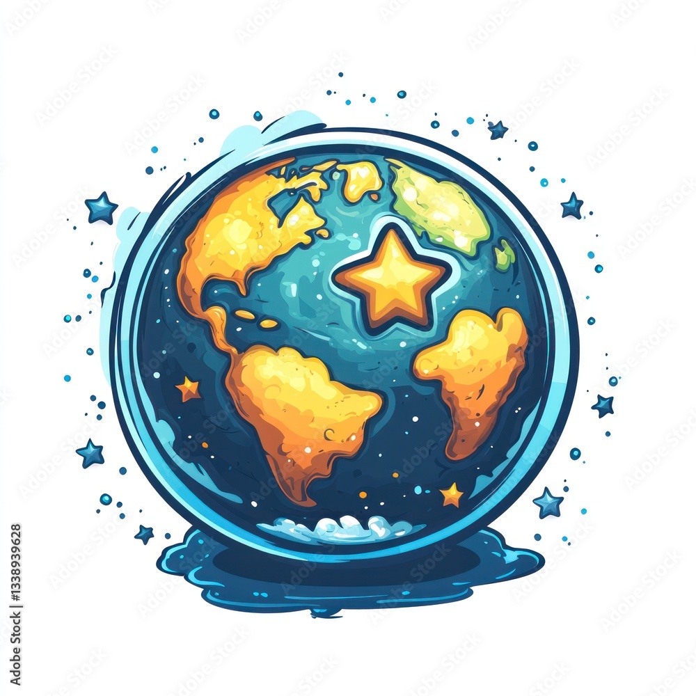 Fototapeta premium Cartoon Earth in Space with Star, Graphic Design