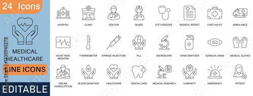 Medical healthcare line icons set. Includes hospital, doctor, nurse, stethoscope, first aid kit, syringe, pill, microscope, mask, gloves, healthcare, emergency, and patient symbols. Editable vector.